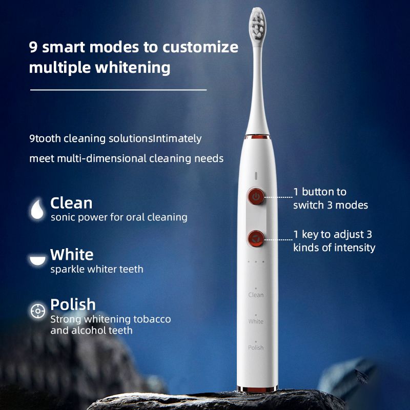 Electric Toothbrush Aiwejay U8 Sonic Smart – 9-Speed Modes, Bamboo Charcoal Bristles, IPX7 Waterproof, 2000mAh Battery, USB Charging – Black